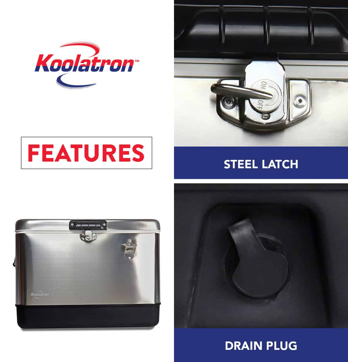Koolatron Stainless Steel Ice Chest Beverage Cooler with Bottle Opener 51 L / 54 Quart 85 Can Capacity for Camping, Beach, RV, BBQs, Tailgating, Fishing