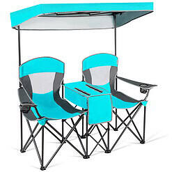 Gymax Folding 2-person Camping Chairs Double Sunshade Chairs w/ Canopy Turquoise, Adult