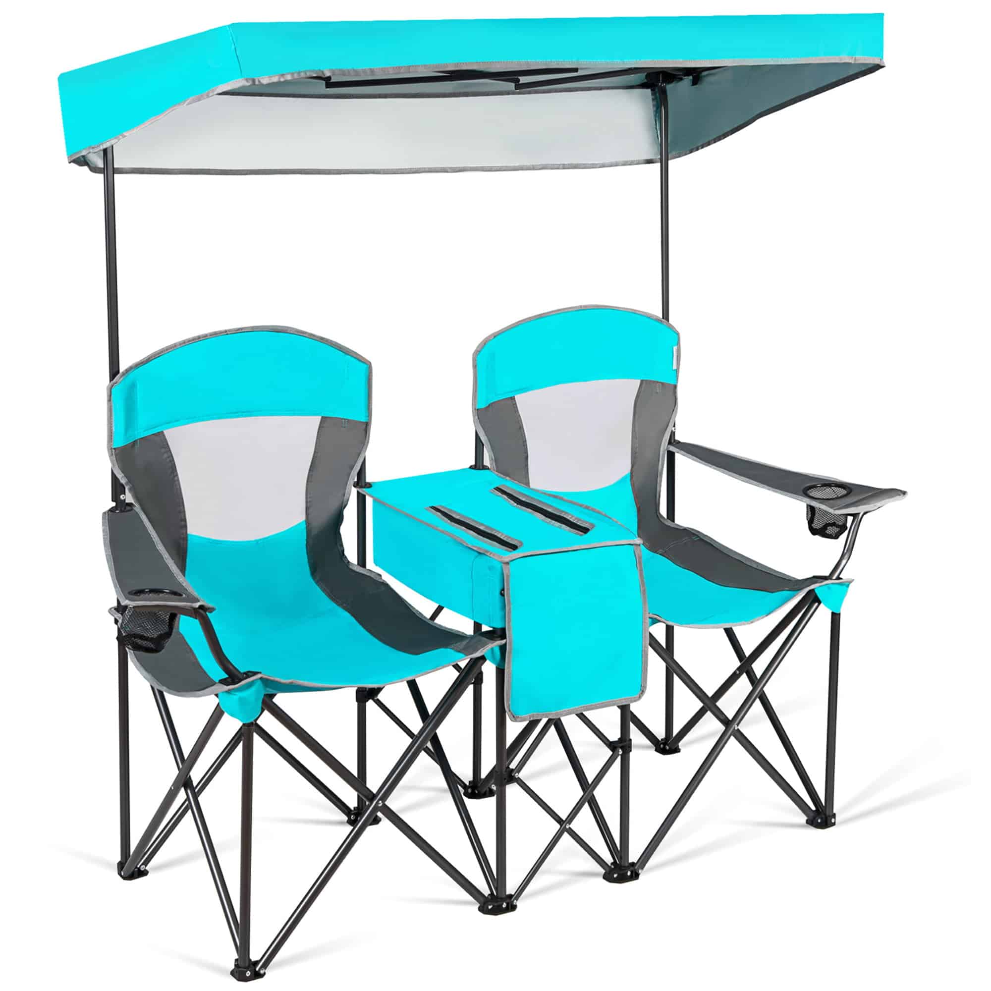 Gymax Folding 2-person Camping Chairs Double Sunshade Chairs w/ Canopy Turquoise, Adult