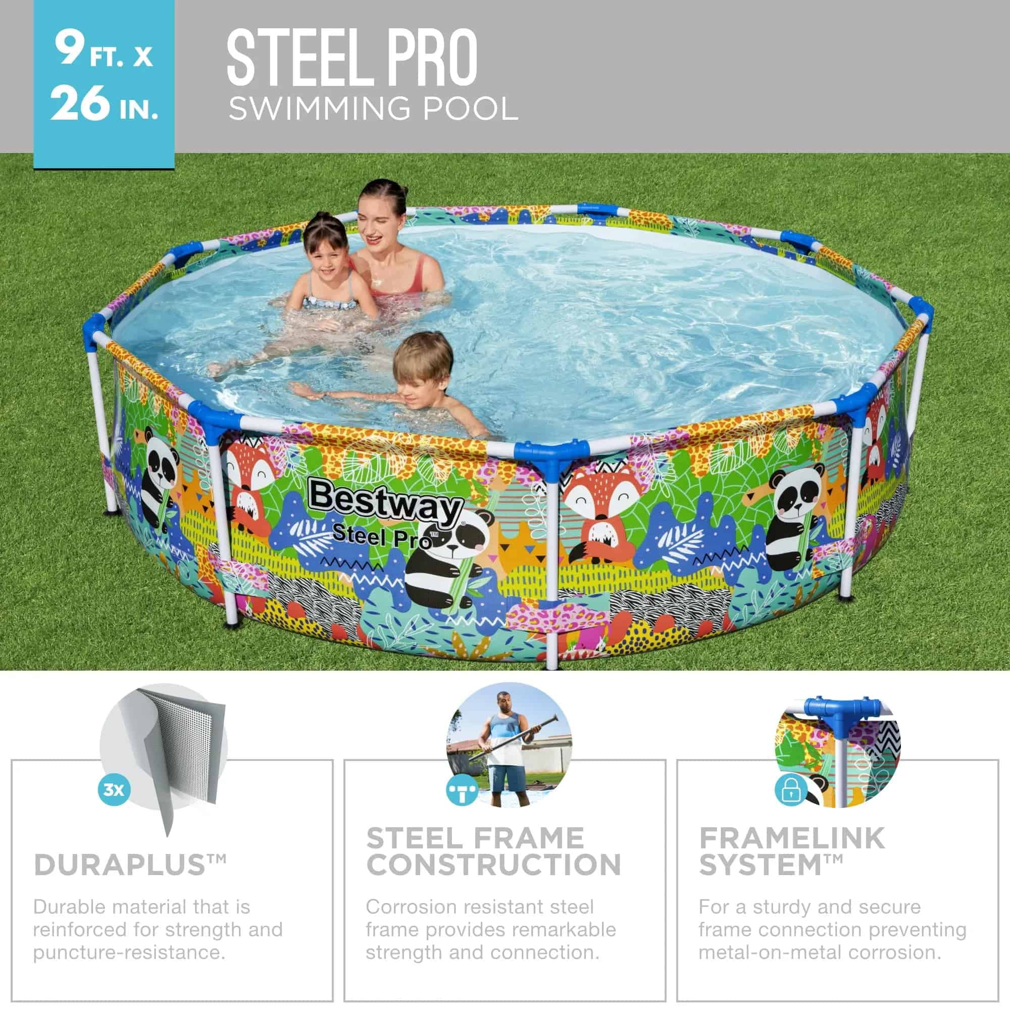 Bestway Steel Pro 9' x 26" Above Ground Round Outdoor Swimming Pool, Panda Print
