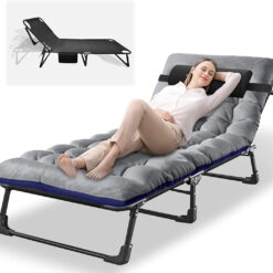 Slsy 4-Fold Portable Sleeping Cots Bed with 2 Sided Mattress & Pillow, Adjustable 4-Position Folding Lounge Chair, Folding Camping Cot