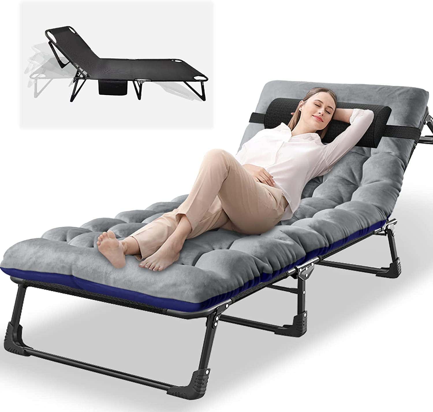 Slsy 4-Fold Portable Sleeping Cots Bed with 2 Sided Mattress & Pillow, Adjustable 4-Position Folding Lounge Chair, Folding Camping Cot