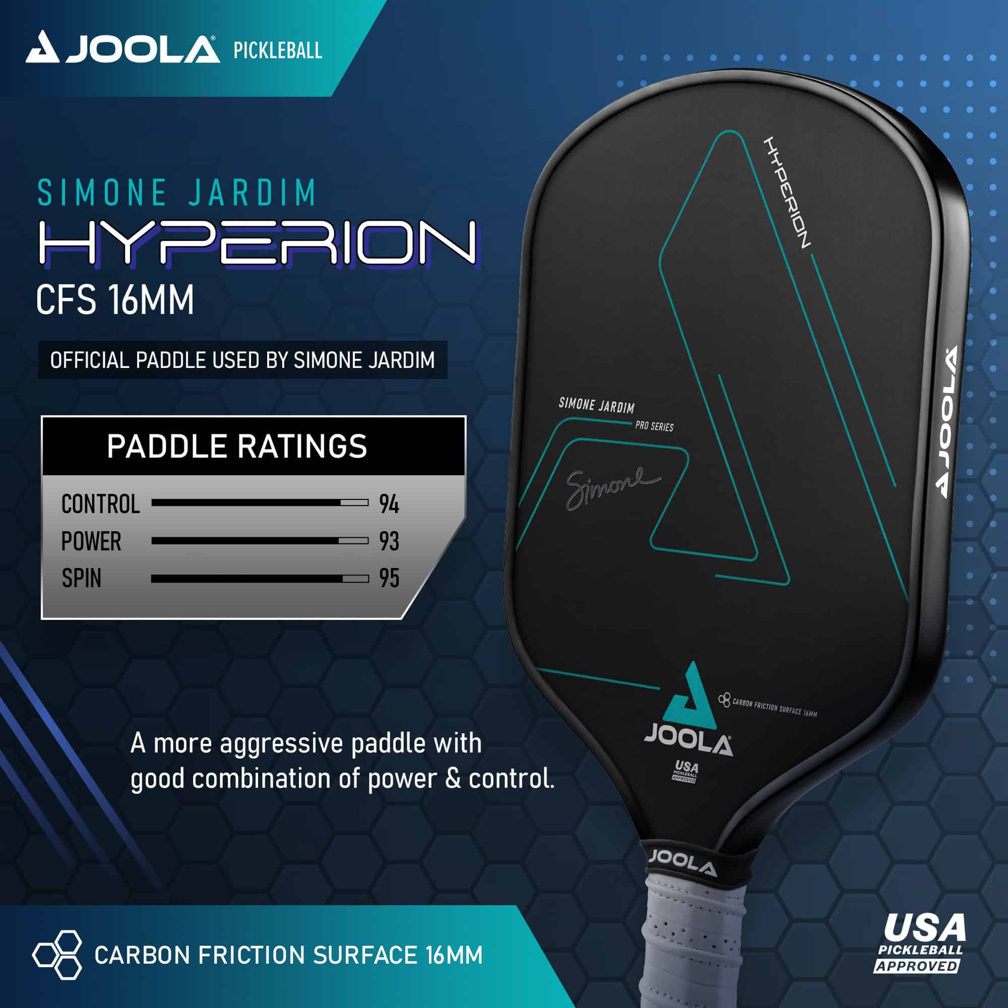 JOOLA Simone Jardim Hyperion CFS 16mm Pickleball Paddle, Black, 7.9 oz
