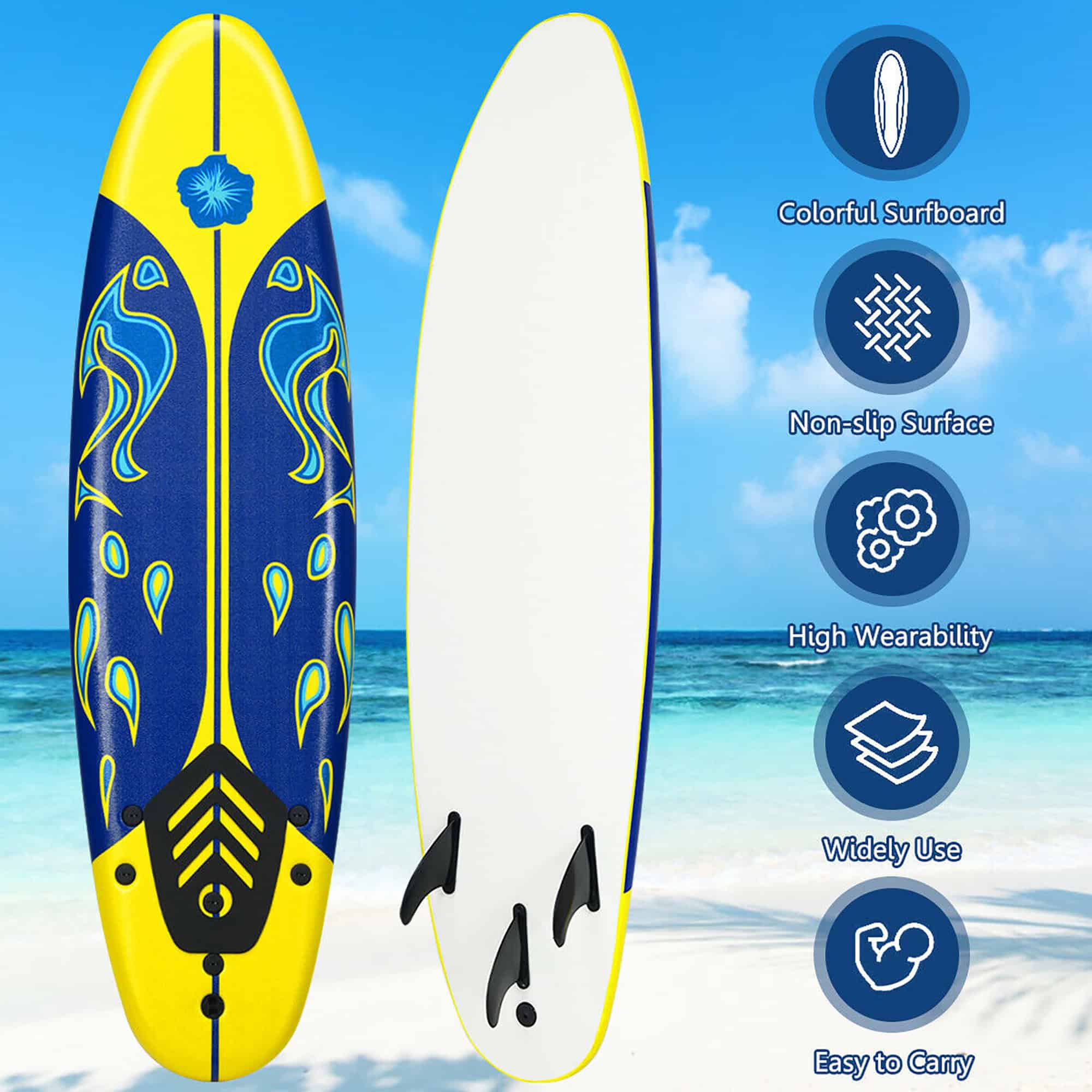 Costway 6' Surfboard Foamie Body Surfing Board W/3 Fins & Leash for Kids Adults Yellow