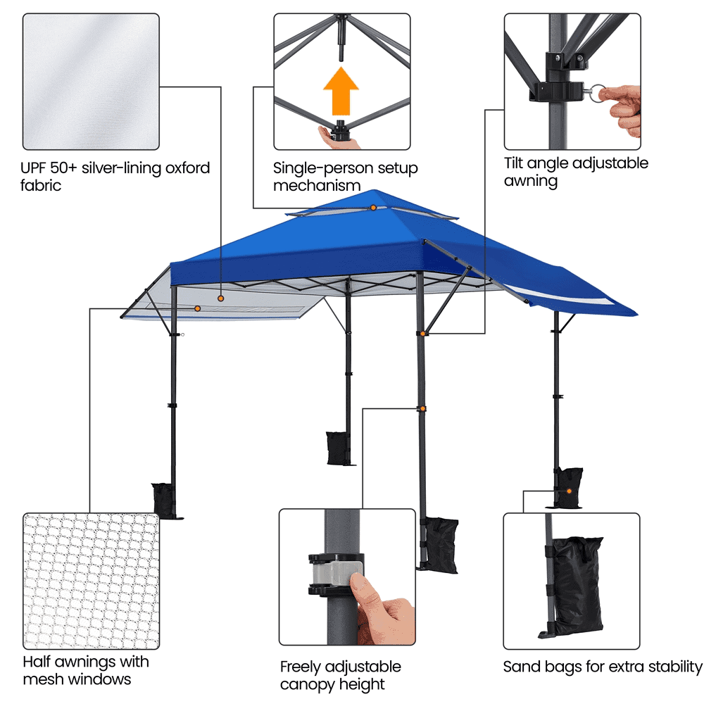 Easyfashion 10x17ft 2-tiered Pop-up canopy tent with Double Awnings, Blue