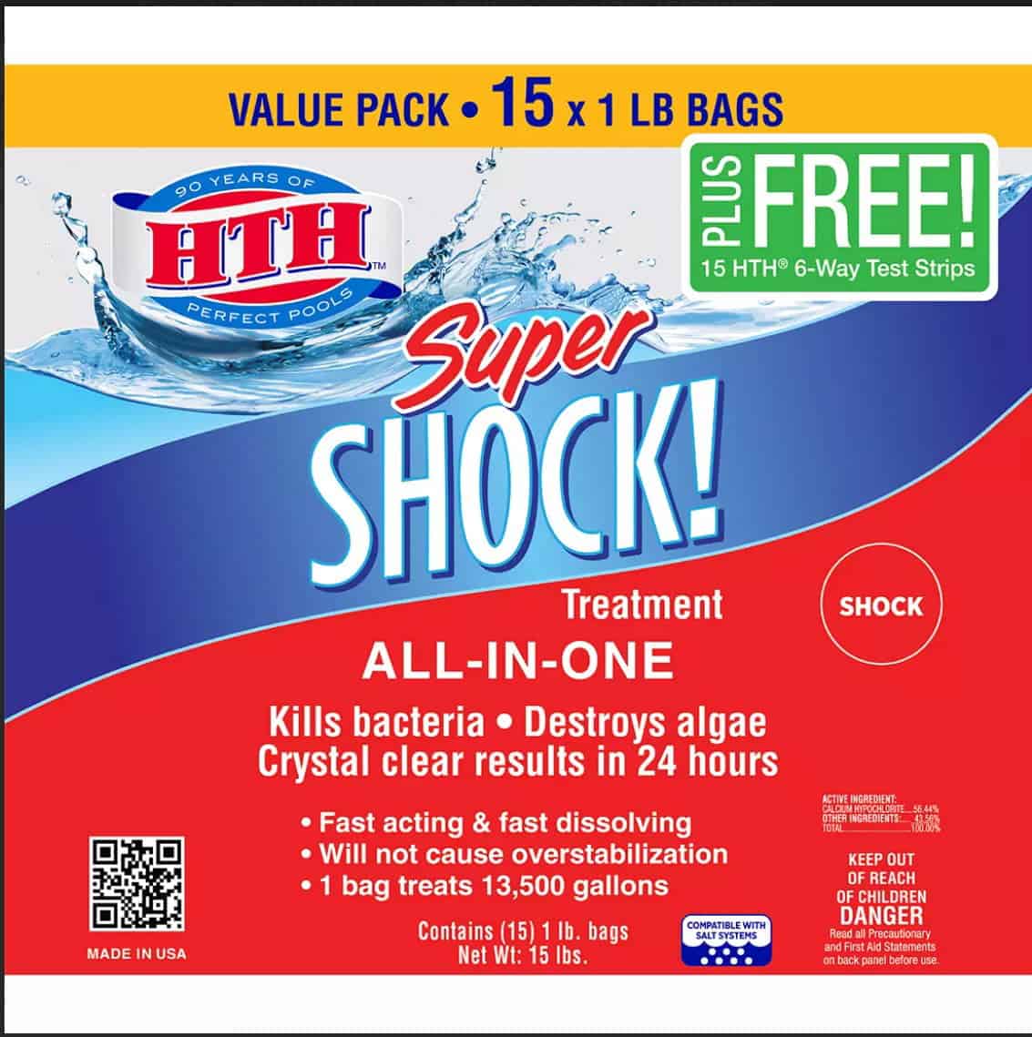 HTH Super Shock Treatment ALL IN ONE Swimming Pool, Spa with bonus 15 Test Strips, 15 pk/1 lbs
