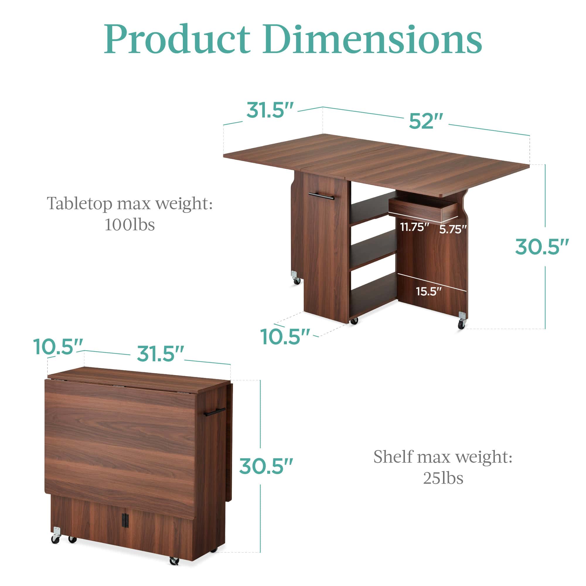 Best Choice Products Multipurpose Folding Table w/ Built-in Wheels, 3 Storage Shelves, Cubby, Carrying Handle - Brown
