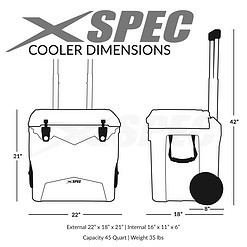 Xspec 45 Quart Towable Roto Molded Ice Chest Outdoor Camping Cooler with