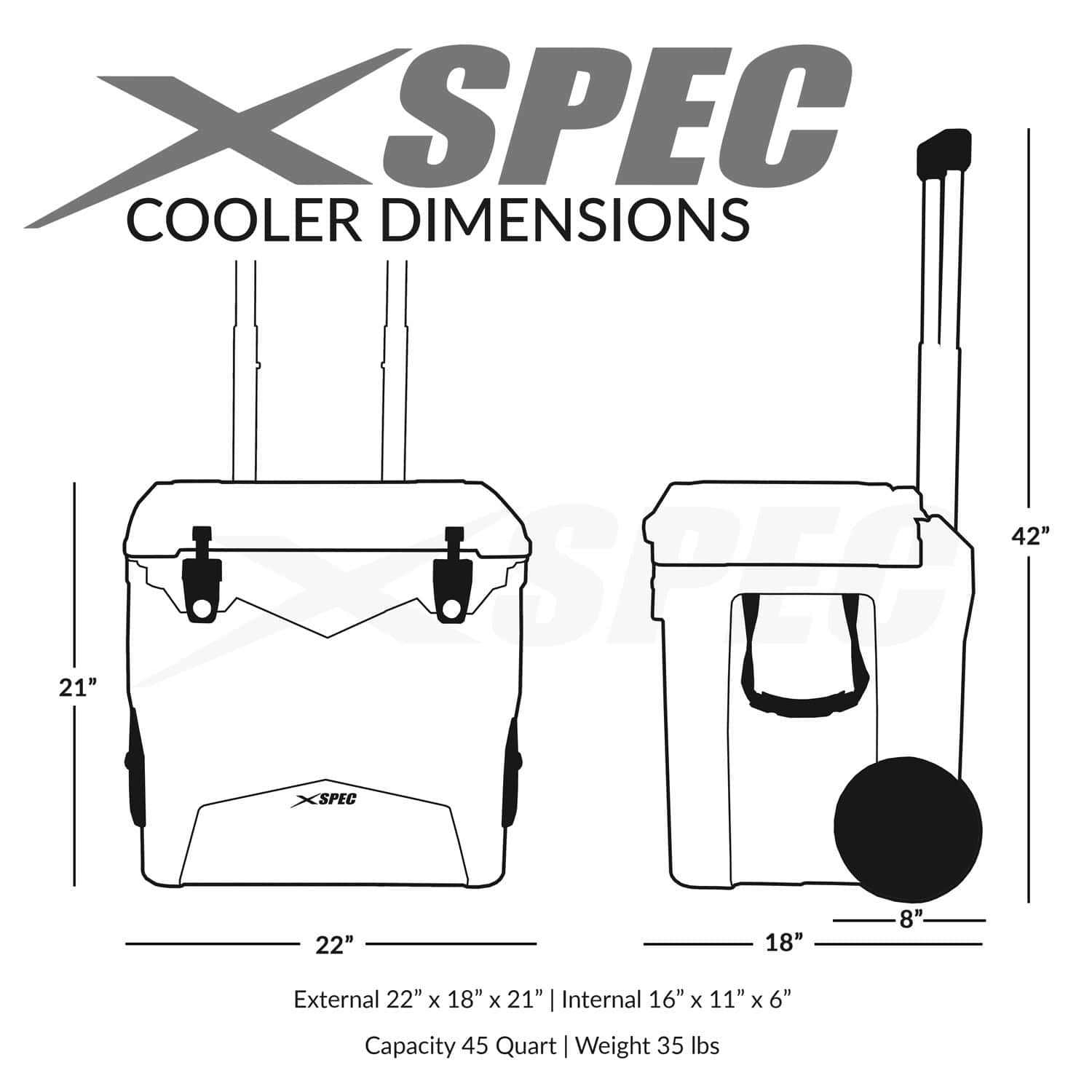 Xspec 45 Quart Towable Roto Molded Ice Chest Outdoor Camping Cooler with