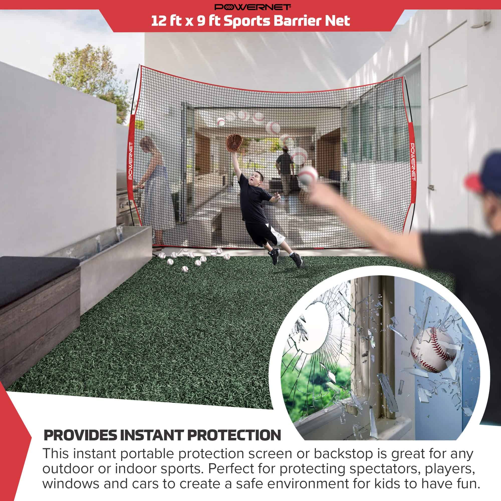 PowerNet 12x9 Ft Sports Barrier Net for Player and Property Protection (1021)