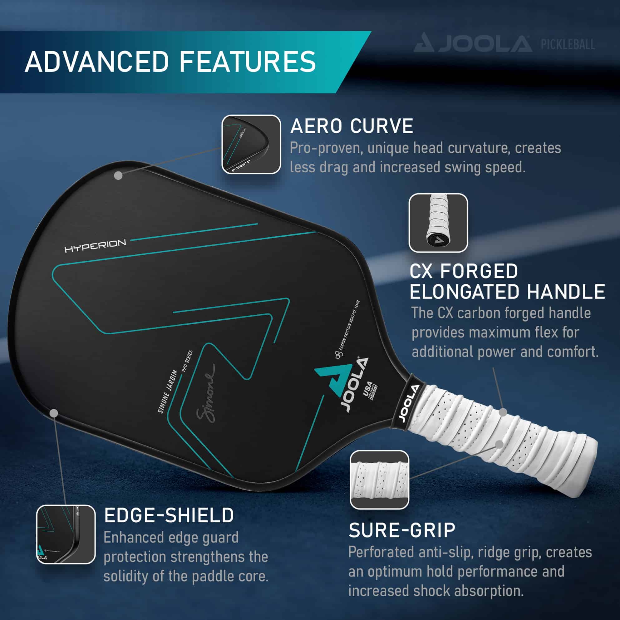 JOOLA Simone Jardim Hyperion CFS 16mm Pickleball Paddle, Black, 7.9 oz