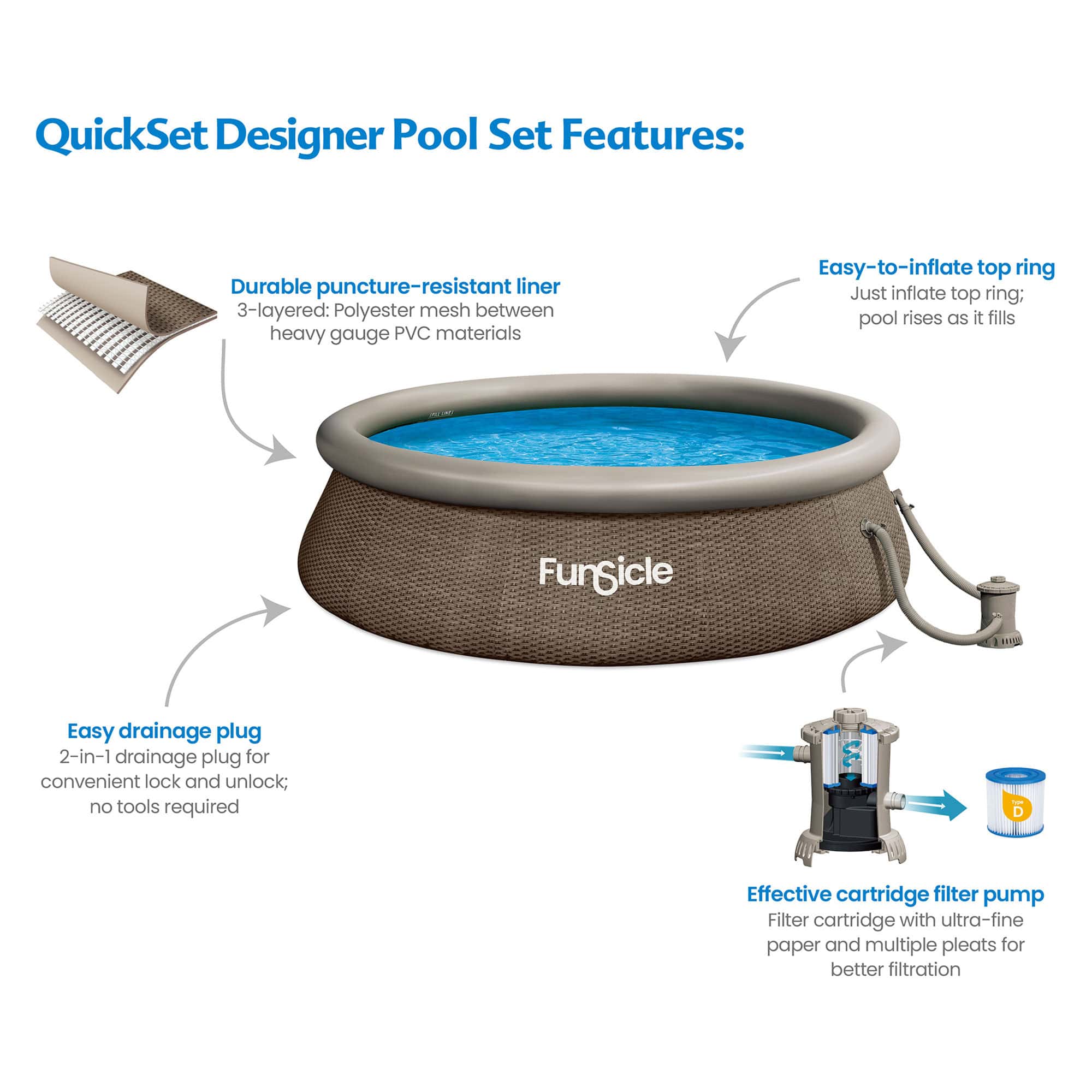 Funsicle 12ft x 36in Round QuickSet Designer Above Ground Pool, Dark Triple Basketweave with Cartridge Filter Pump, Age 6 & up