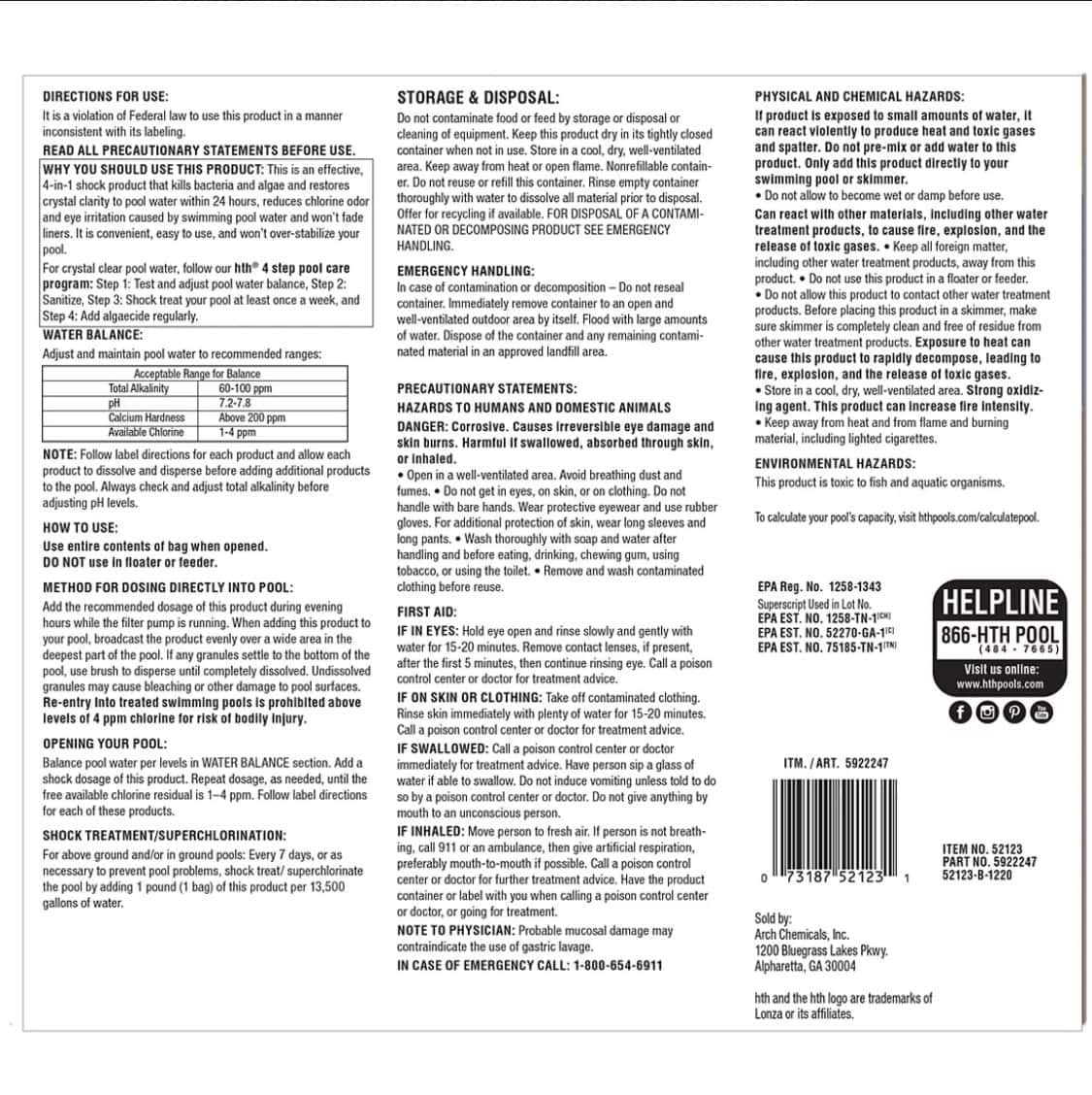 HTH Super Shock Treatment ALL IN ONE Swimming Pool, Spa with bonus 15 Test Strips, 15 pk/1 lbs