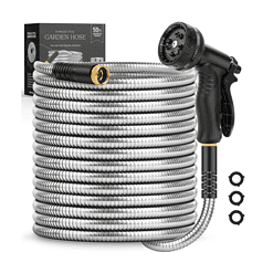 Itsonestep Garden Hose 50 FT, Metal Stainless Steel Water Hose with 10 Function Nozzles
