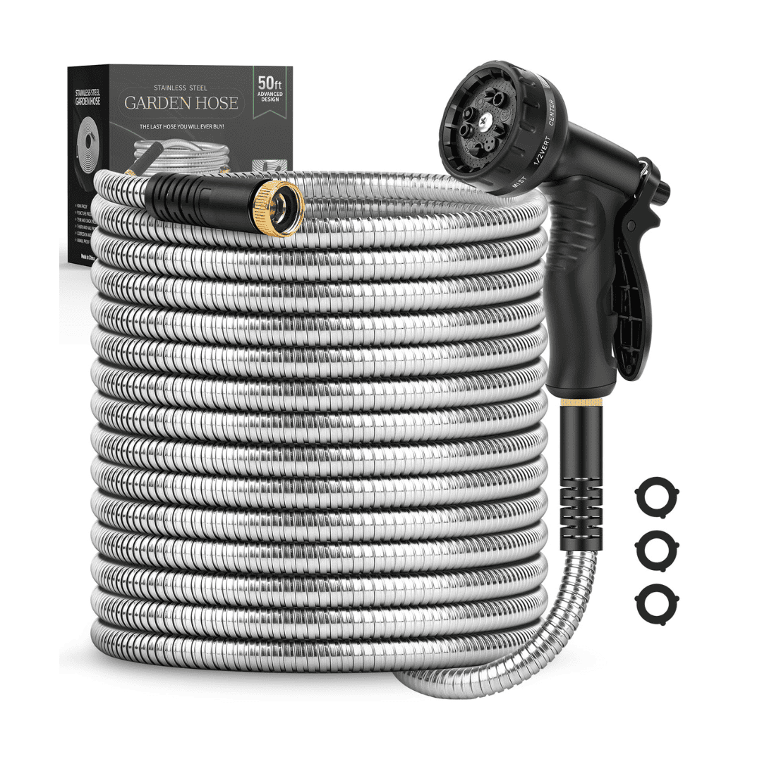 Itsonestep Garden Hose 50 FT, Metal Stainless Steel Water Hose with 10 Function Nozzles