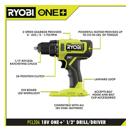 RYOBI PCL206K2 ONE+ 18V Cordless 1/2 in. Drill/Driver Kit with (2) 1.5 Ah Batteries and Charger