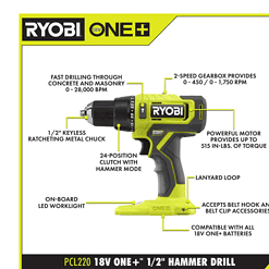 RYOBI PCL220B ONE+ 18V Cordless 1/2 in. Hammer Drill (Tool Only)