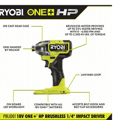 RYOBI PBLID01B ONE+ HP 18V Brushless Cordless 1/4 in. Impact Driver (Tool Only)