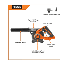 RIDGID R86043B 18V Lithium-Ion Cordless Compact Jobsite Blower with Inflator/Deflator Nozzle