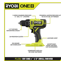 RYOBI PCL206K1 ONE+ 18V Cordless 1/2 in. Drill/Driver Kit with (1) 1.5 Ah Battery and Charger