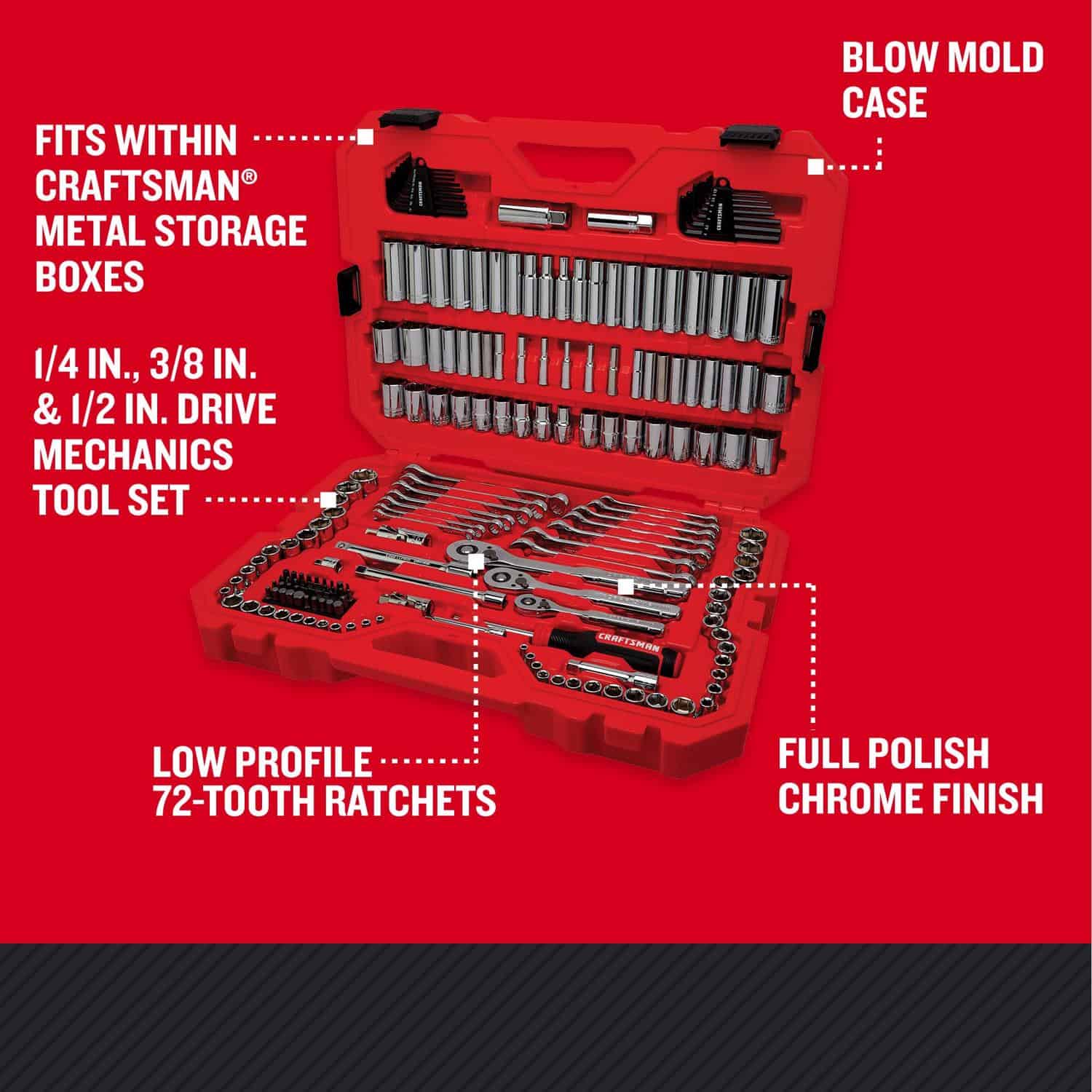 Craftsman 1/4, 3/8 and 1/2 in. drive Metric and SAE 6 and 12 Point Mechanic's Tool Set 189 pc