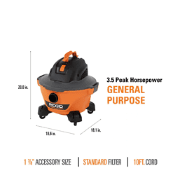 RIDGID HD06001 6 Gal. 3.5-Peak HP NXT Wet/Dry Shop Vacuum with Filter, Hose and Accessories