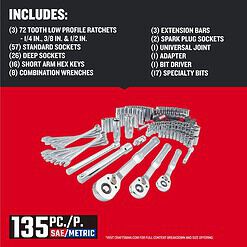 Craftsman 1/4, 3/8 and 1/2 in. drive Metric and SAE 6 and 12 Point Mechanic's Tool Set 135 pc