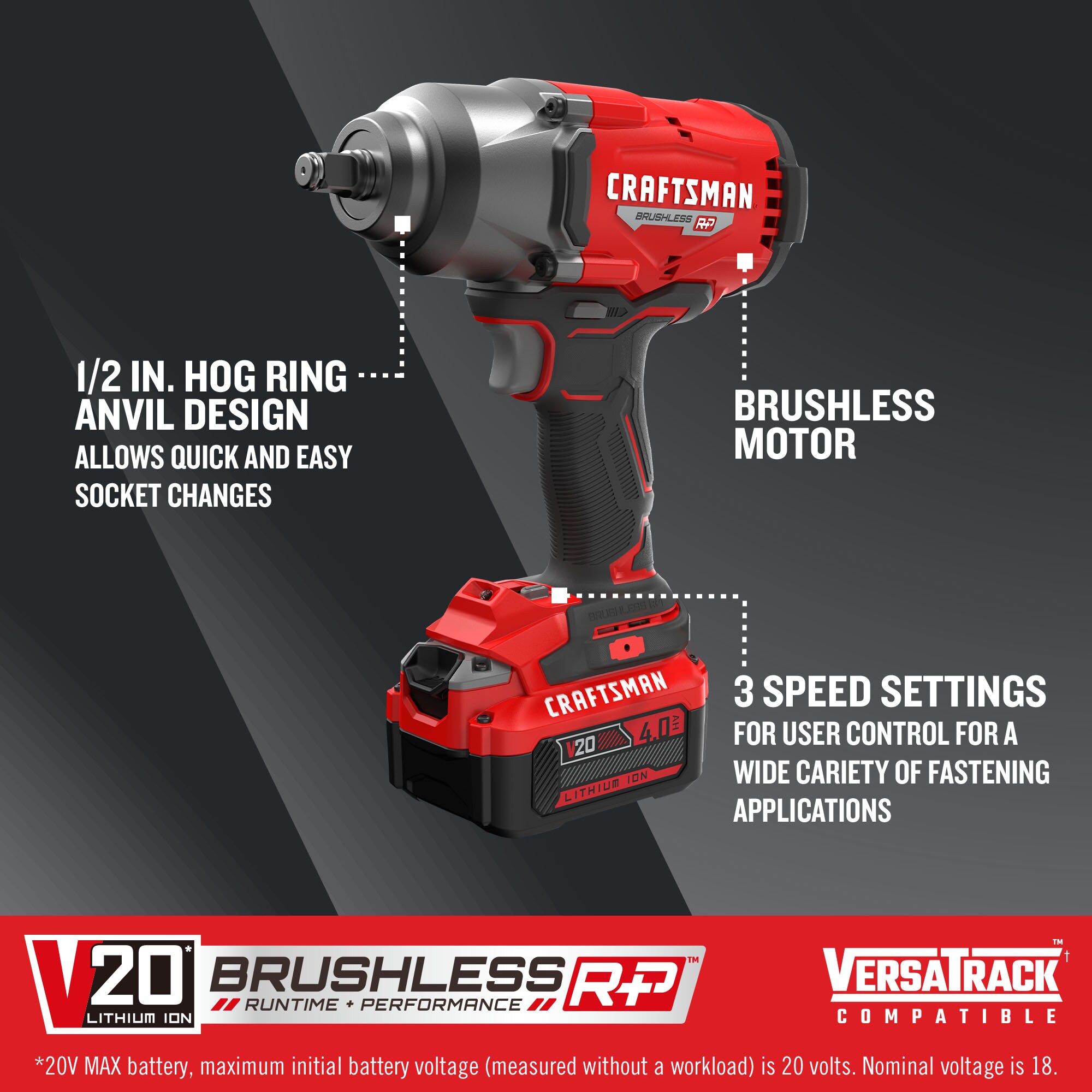 Craftsman V20 1/2 in. Cordless Brushless Impact Wrench w/Hog Ring Kit (Battery & Charger) - Image 4