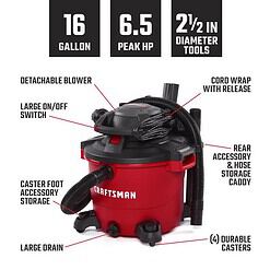 Craftsman CMXEVBE17607 16 gal Corded Wet/Dry Vacuum with Blower 12 amps 120 V 6.5 HP
