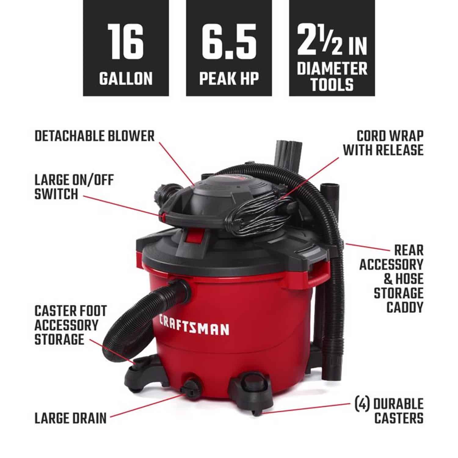 Craftsman CMXEVBE17607 16 gal Corded Wet/Dry Vacuum with Blower 12 amps 120 V 6.5 HP