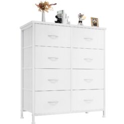 DUMOS Dresser for Bedroom with 8 Fabric Drawers, Tall Chest Organizer Units, White