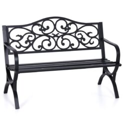MFSTUDIO 50 Inches Outdoor Garden Bench, Cast Iron Metal Frame Patio Park Bench with Floral Pattern Backrest, Black