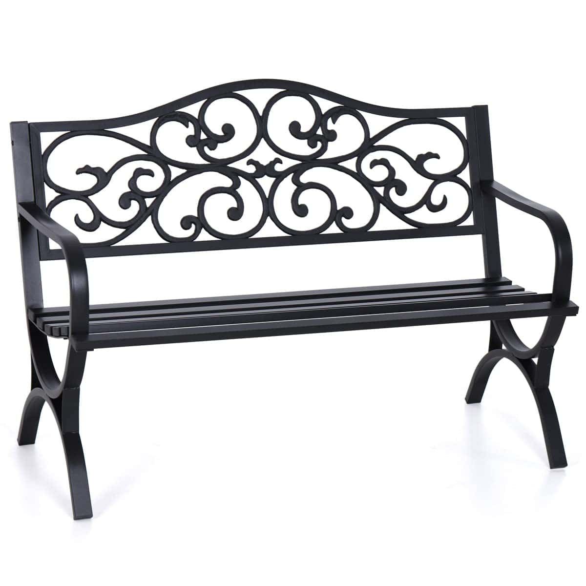 MFSTUDIO 50 Inches Outdoor Garden Bench, Cast Iron Metal Frame Patio Park Bench with Floral Pattern Backrest, Black