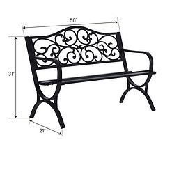 MFSTUDIO 50 Inches Outdoor Garden Bench, Cast Iron Metal Frame Patio Park Bench with Floral Pattern Backrest, Black