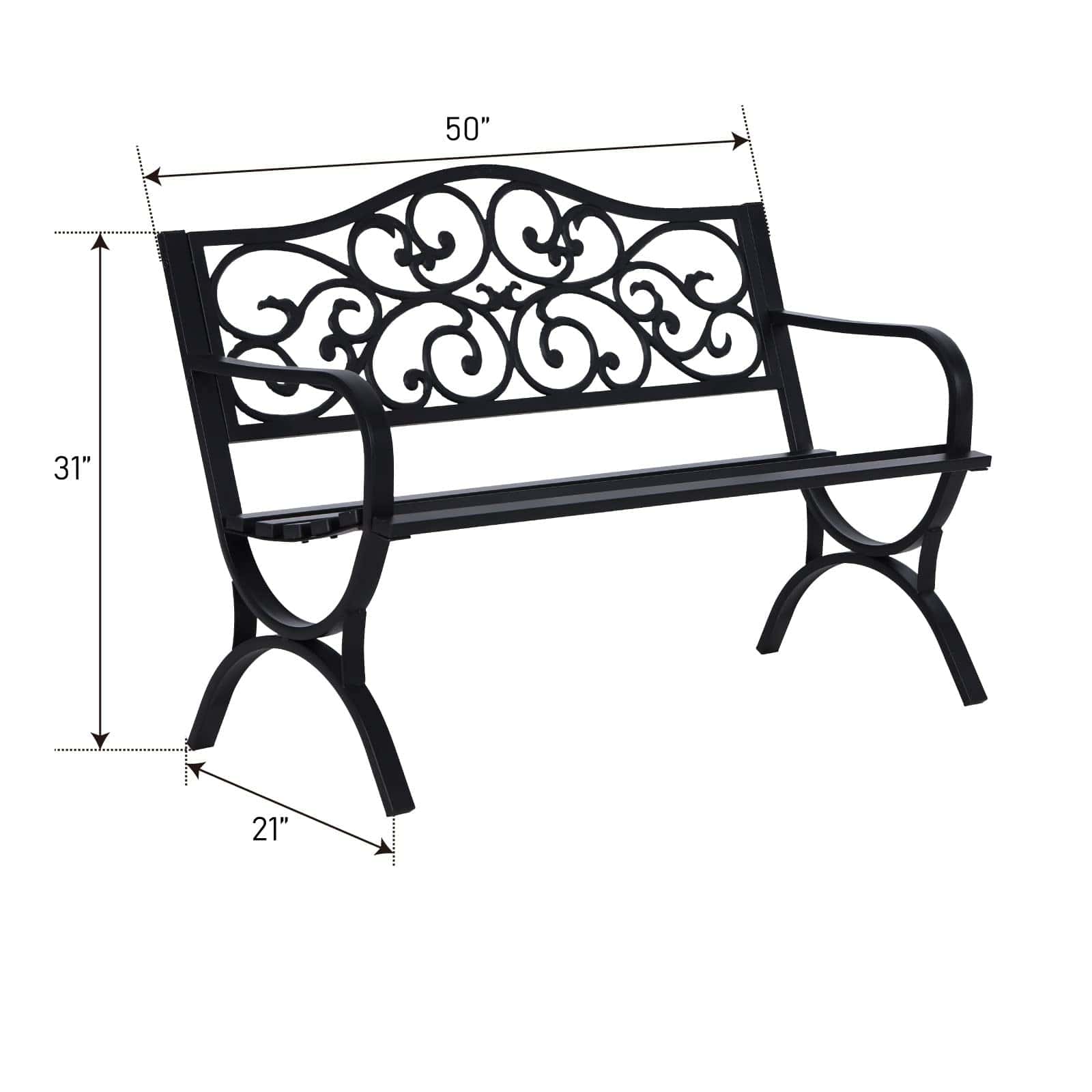 MFSTUDIO 50 Inches Outdoor Garden Bench, Cast Iron Metal Frame Patio Park Bench with Floral Pattern Backrest, Black