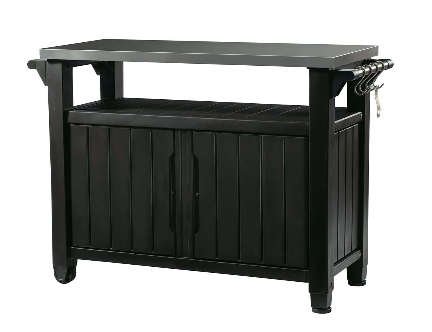 Keter Unity XL Portable Outdoor Table with Stainless Steel Top for Kitchen Prep and Outdoor Storage Cabinet, Dark Grey
