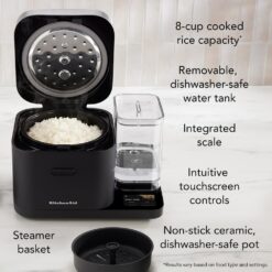 KitchenAid KGC3155BM Grain and Rice Cooker 8 Cup with Automatically Sensing Integrated Scale and Water Tank