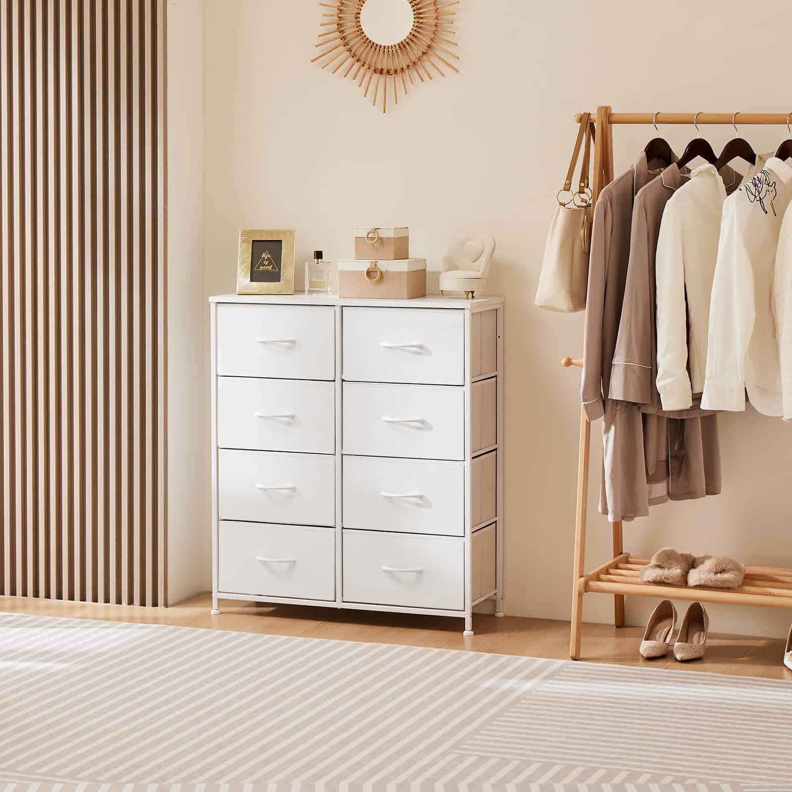 Sweetcrispy Dresser for Bedroom, Chest Organizer Unit with 8 Fabric Bins, Fabric Storage Tower, Drawer Organizer