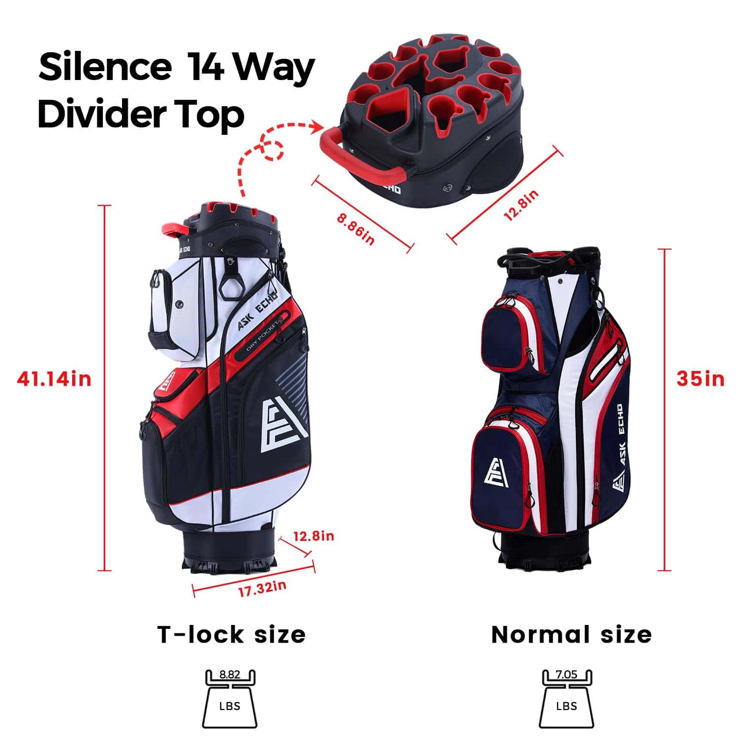 ASK ECHO T-Lock Golf Cart Bag with 14 Way Organizer Divider Top, Premium Cart Bag with Handles and Rain Cover for Men, White