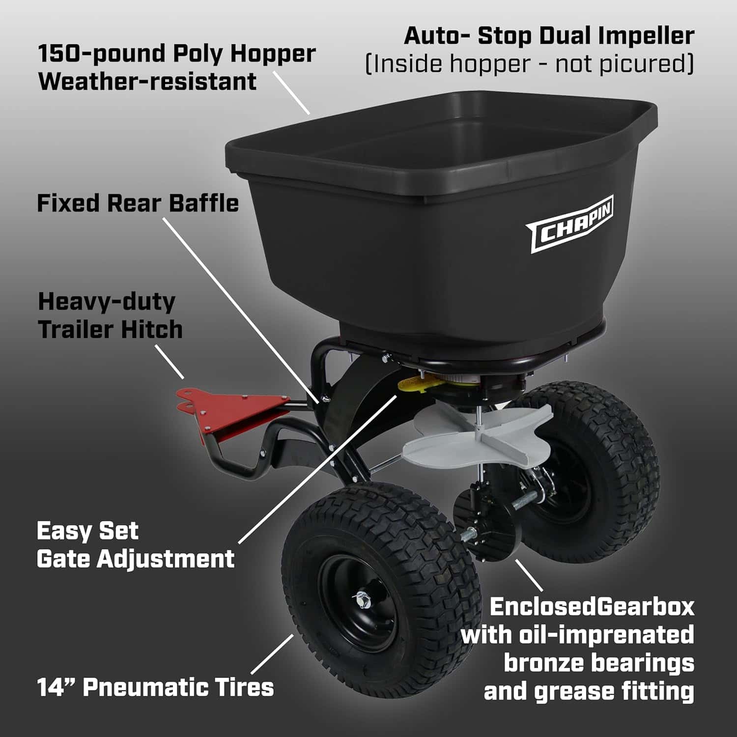 Chapin 8622B Made in The USA 150-Pound Tow and Pull Behind Spreader, Hitch Pins, Black