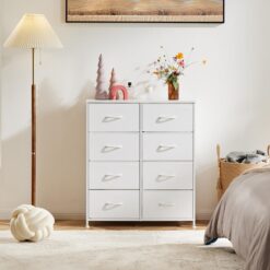DUMOS Dresser for Bedroom with 8 Fabric Drawers, Tall Chest Organizer Units, White
