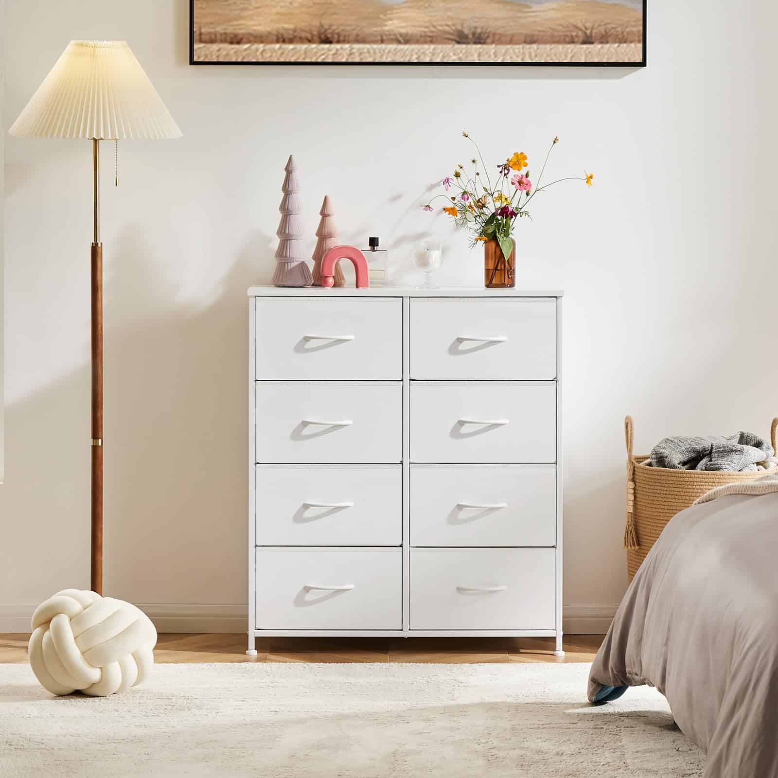 DUMOS Dresser for Bedroom with 8 Fabric Drawers, Tall Chest Organizer Units, White