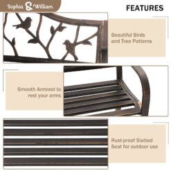 Sophia & William Outdoor Bench, Porch Bench, Garden Bench, Wrought Iron Bench, Outdoor Bench with Backrest and Armrests, Bronze
