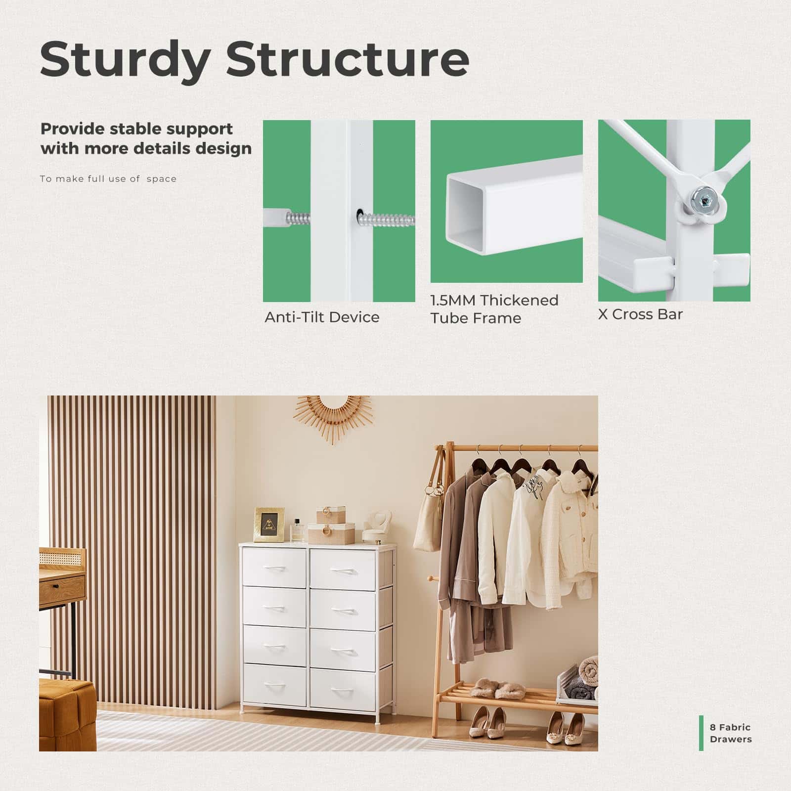 DUMOS Dresser for Bedroom with 8 Fabric Drawers, Tall Chest Organizer Units, White