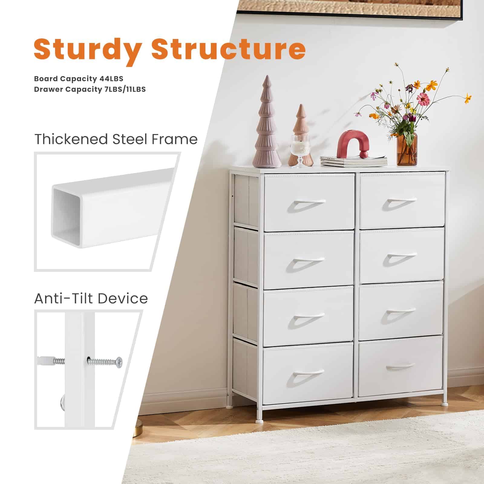 Sweetcrispy Dresser for Bedroom, Chest Organizer Unit with 8 Fabric Bins, Fabric Storage Tower, Drawer Organizer