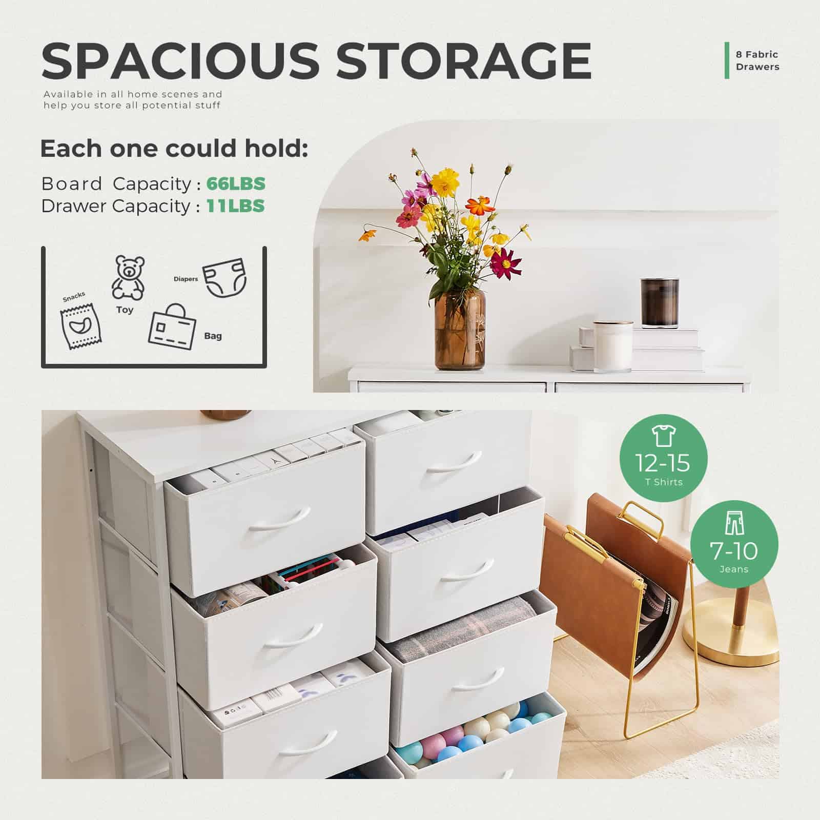 DUMOS Dresser for Bedroom with 8 Fabric Drawers, Tall Chest Organizer Units, White