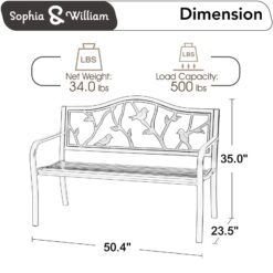 Sophia & William Outdoor Bench, Porch Bench, Garden Bench, Wrought Iron Bench, Outdoor Bench with Backrest and Armrests, Bronze