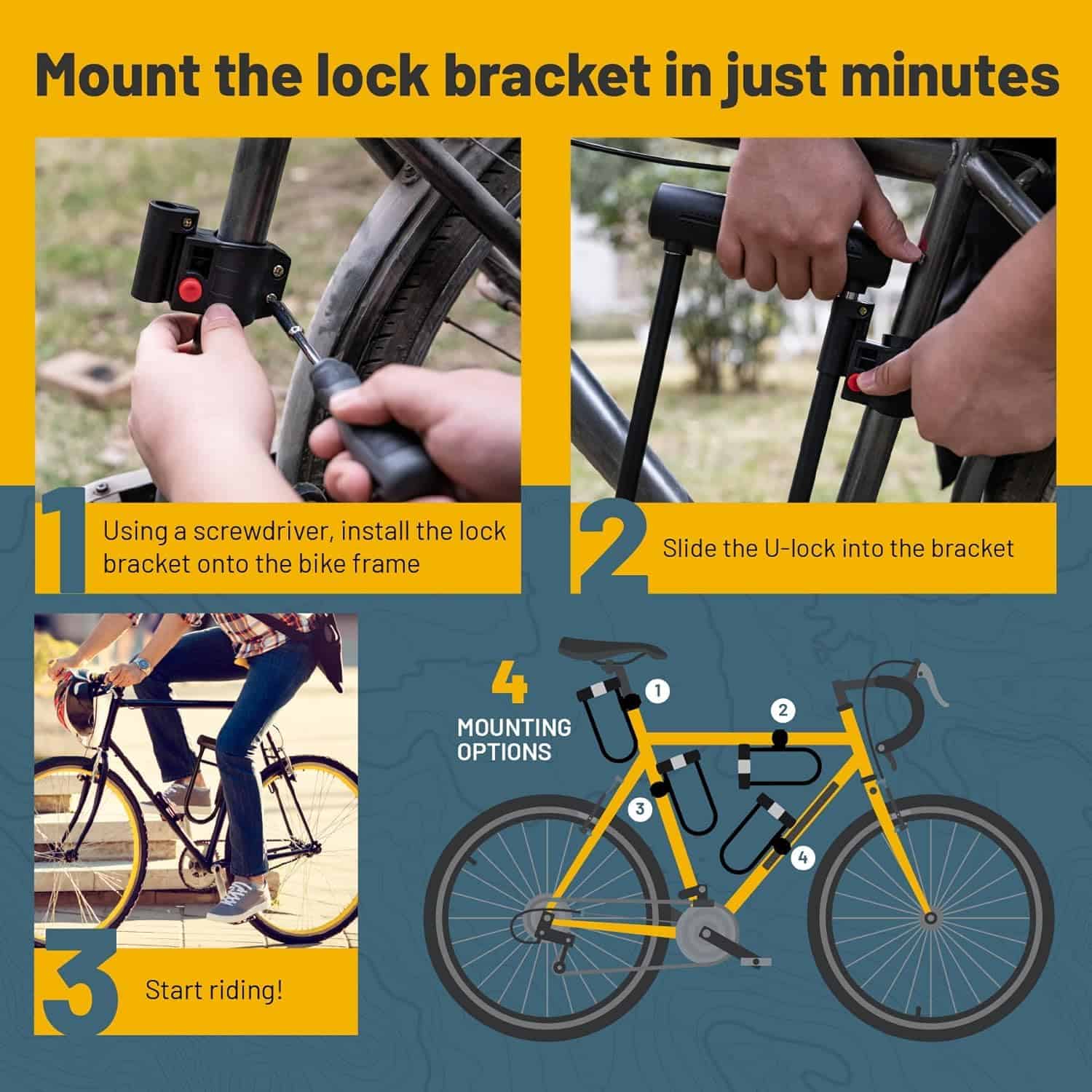 Sigtuna Bike U Lock, Extra Long Bike Locks Heavy Duty Anti Theft, 16mm Bicycle Lock with Shackle and Mounting Holder and 4ft Cable