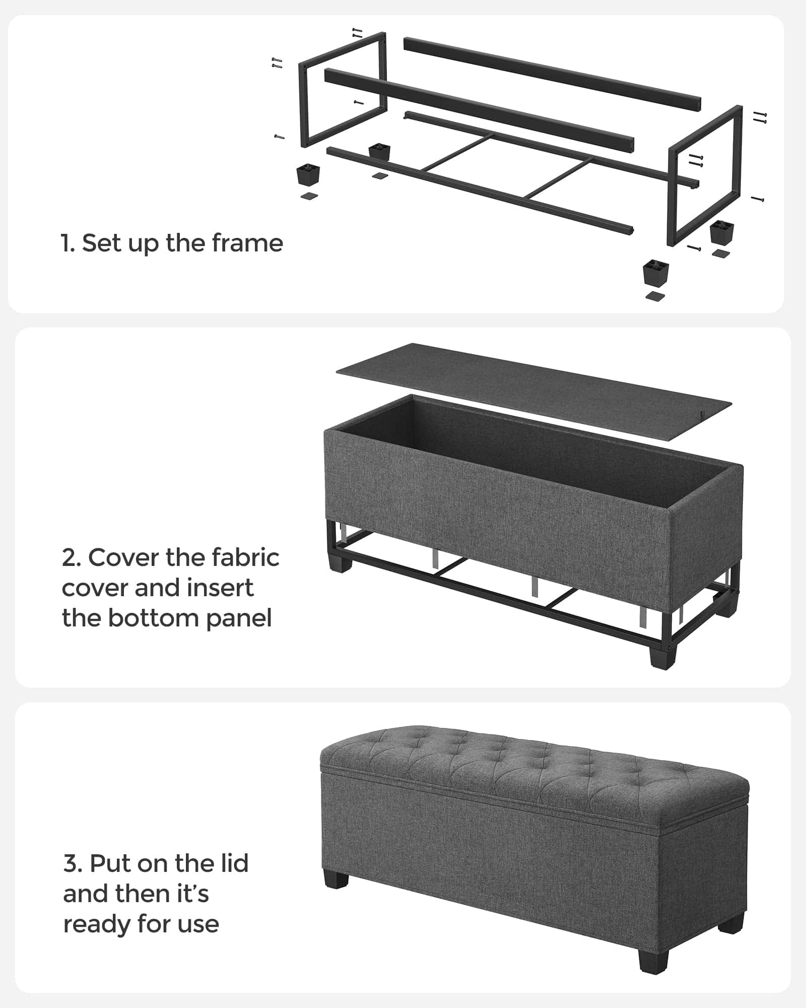 SONGMICS Storage Ottoman Bench, Foot Rest with Legs, 15.7 x 43.3 x 15.7 Inches, Dark Gray