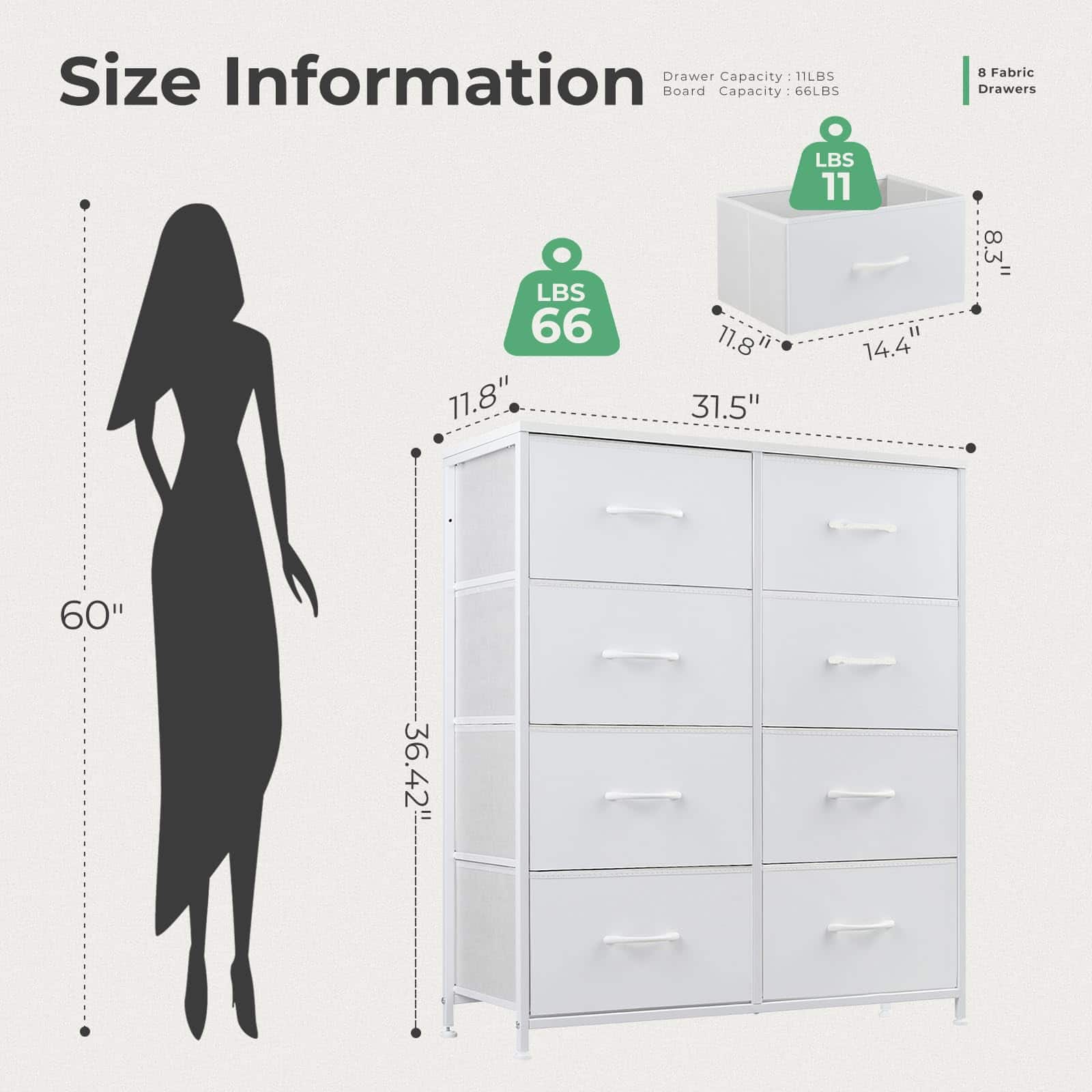 DUMOS Dresser for Bedroom with 8 Fabric Drawers, Tall Chest Organizer Units, White
